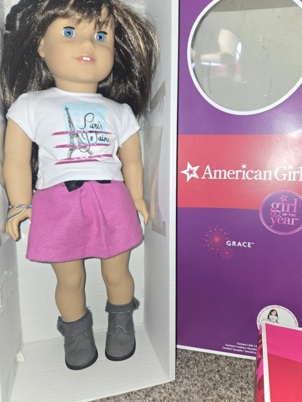 American Girl doll in white Paris tee and pink skirt with gray boots - Picture 1 of 4